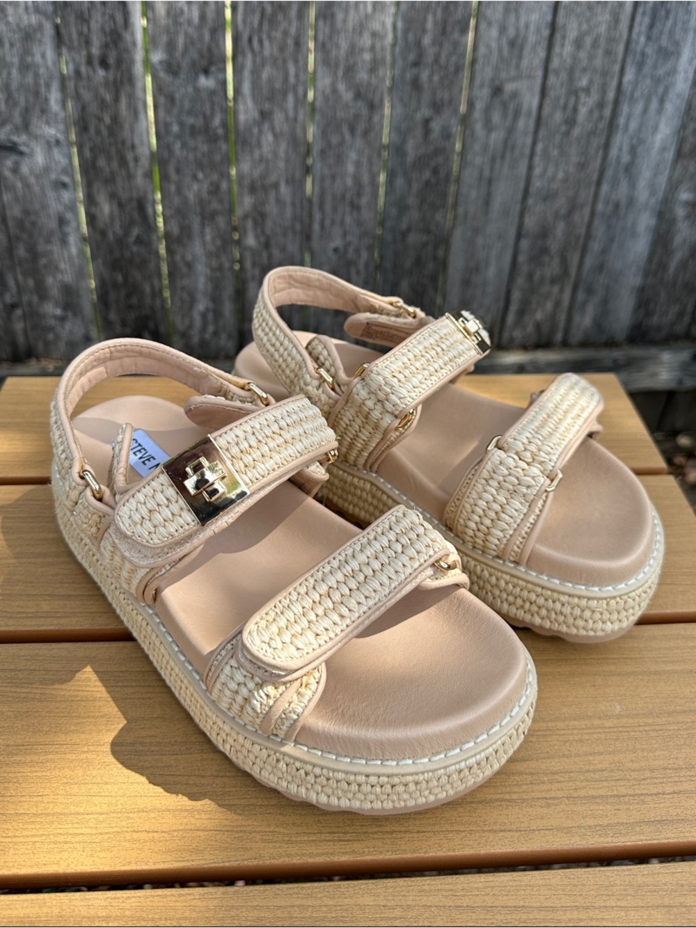 Steve Madden Bigmona Natural Rafia Sandals with Gold Buckles NWOT